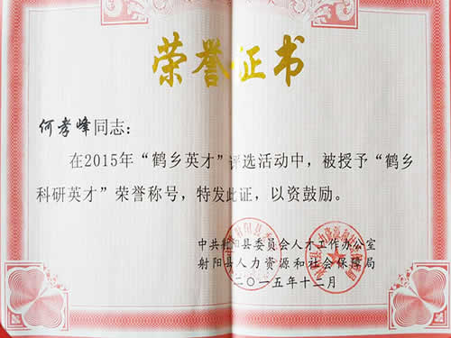 鶴鄉(xiāng)英才榮譽(yù)證書(shū)